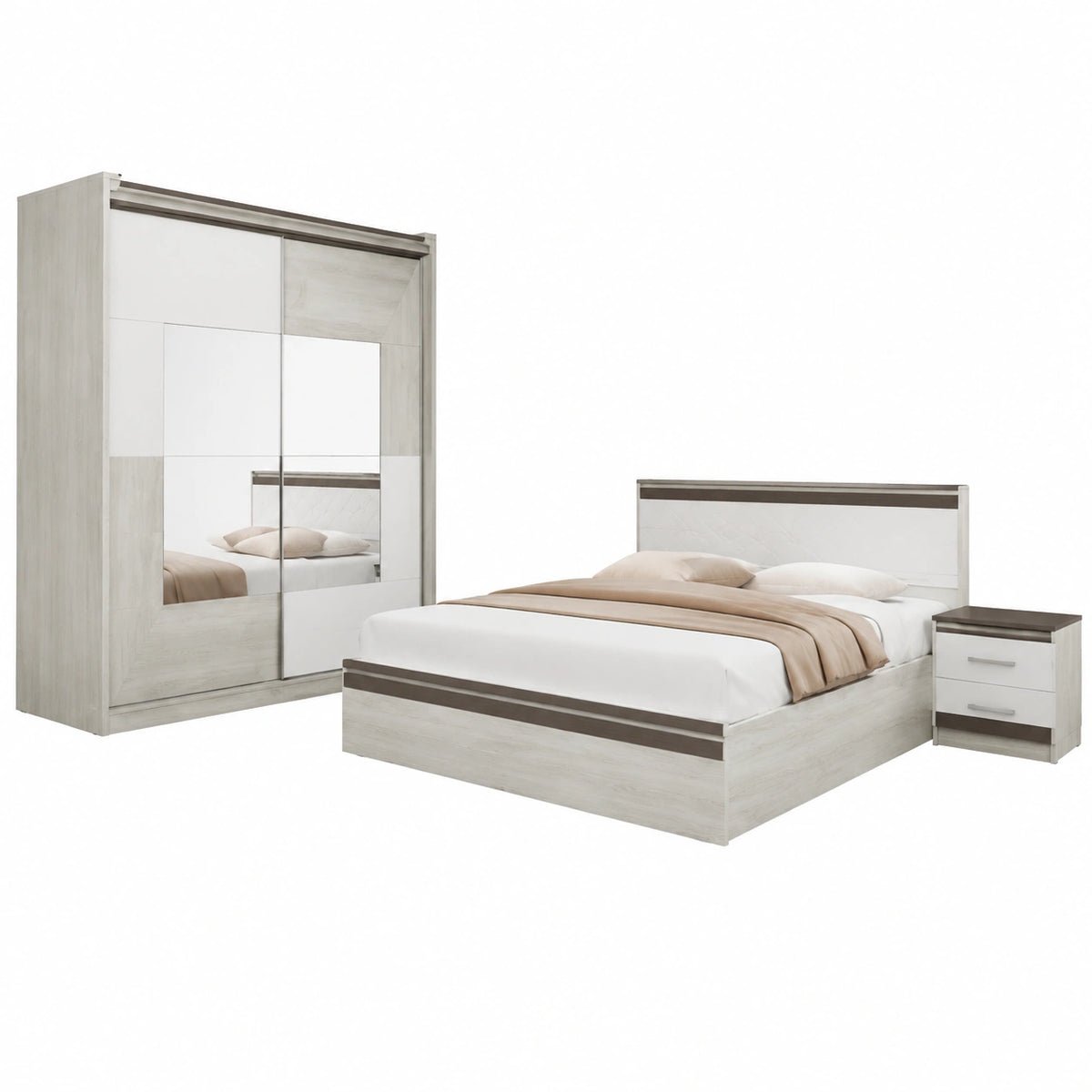 Letto Completa con Testiera Imbottita del Letto Color Bianco Un Armadio Ante Scorrevoli E Due Comodini Stanza Matrimoniale Moderna Rovere CDLI7036