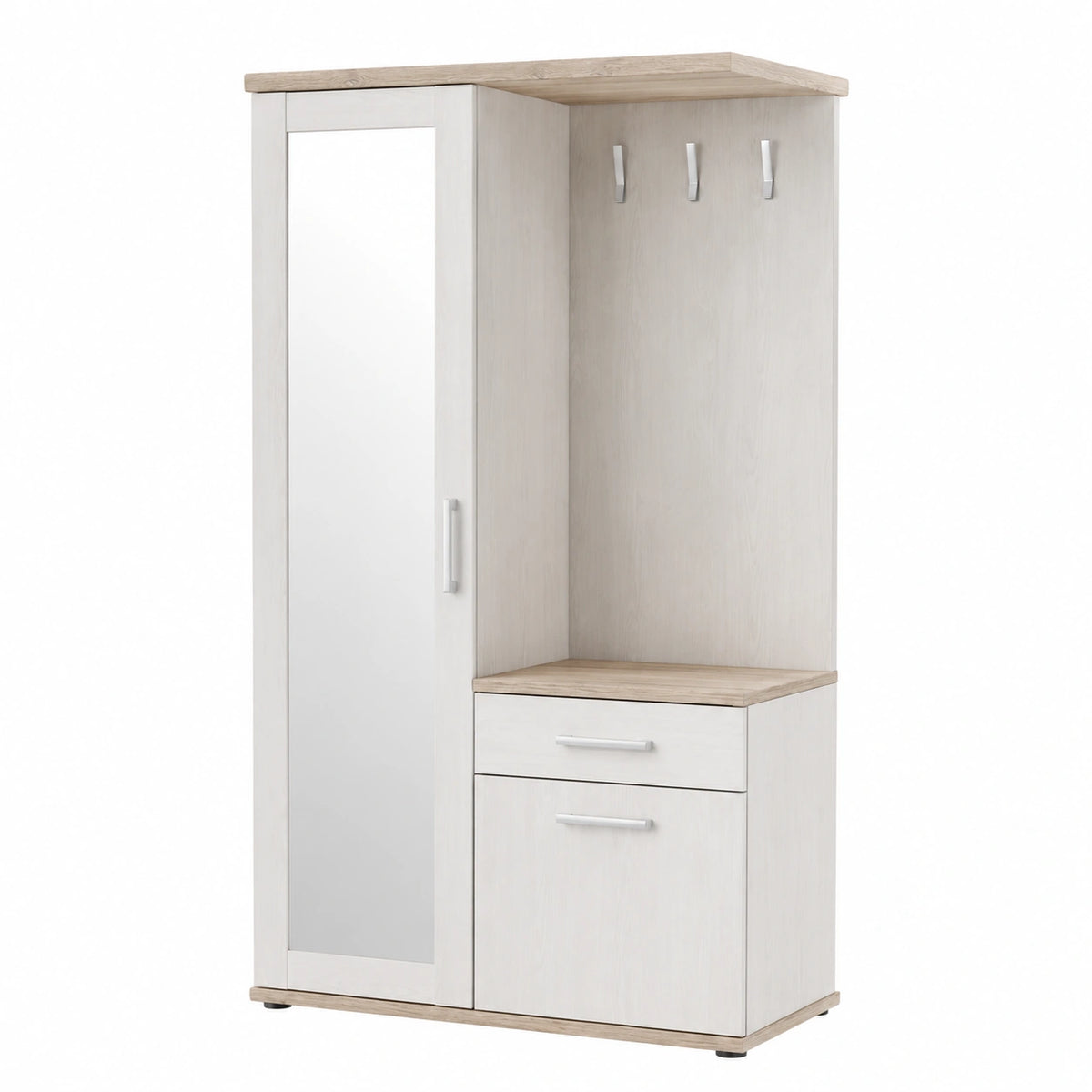 -Rieti- Guardaroba completo in larice bianco e rovere San Remo, con specchio e cassetto incluso. Misure: LAP 100 × 191 × 38 cm.