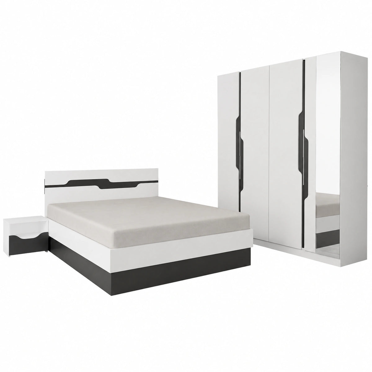 Letto Completa con Armadio a 4 Ante Battenti Letto Matrimoniale Contenitore con 2 Comodini set Arredo Camera Moderno Bianca e Nera CDLI7013 (solo