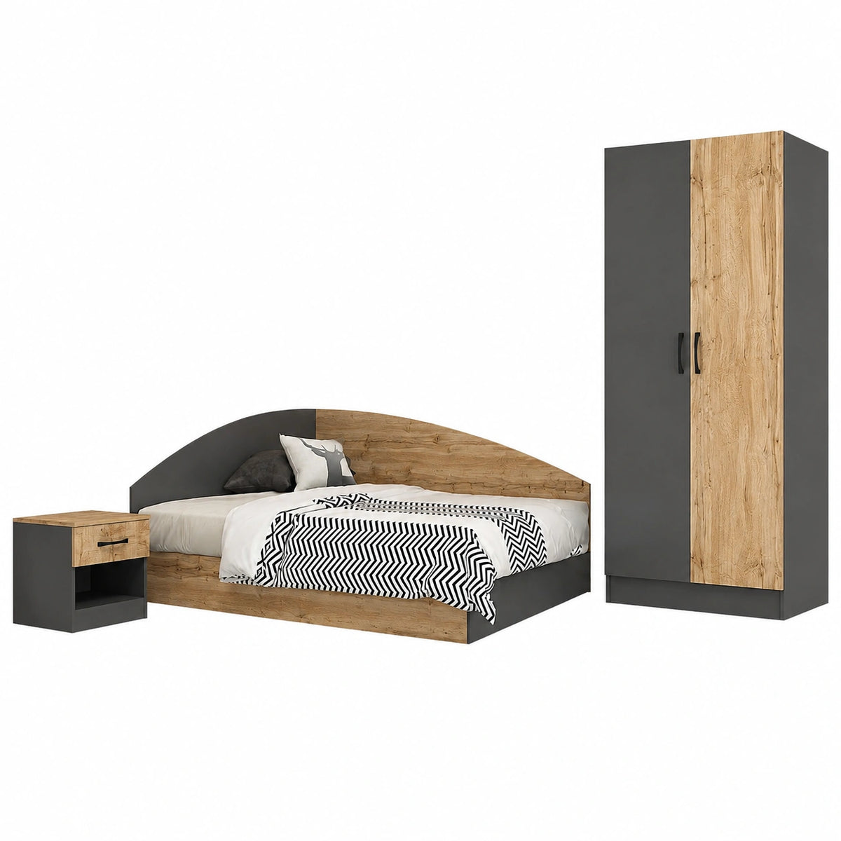 Letto Contenitore 120 × 190 cm Armadio ad Anta Battente e Comodino set Completo Cameretta Rovere e Antracite CBG8 (Cameretta + rete)