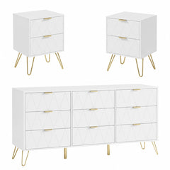 Letto, Cassettiera con 9 Cassetti e set di 2 Comodini, con Maniglie e Piedini in Colore Oro, Scandinavo per Soggiorno, Camera da Letto (Bianco x 3)