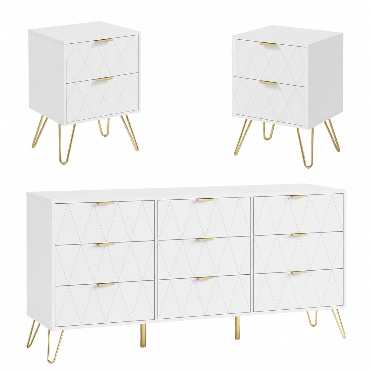 Letto, Cassettiera con 9 Cassetti e set di 2 Comodini, con Maniglie e Piedini in Colore Oro, Scandinavo per Soggiorno, Camera da Letto (Bianco x 3)