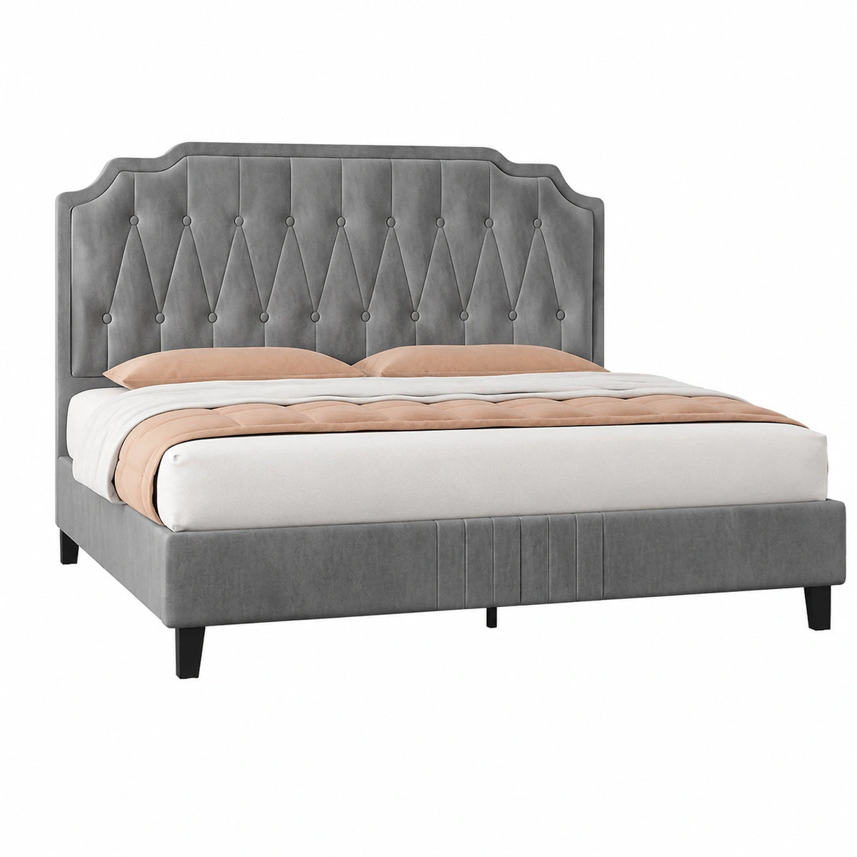 Letto con Testiera Imbottita 31 cm Altezza Regolabile 140 × 200 cm Telaio con Rete a Doghe in Legno e Metallo Grigio Chiaro