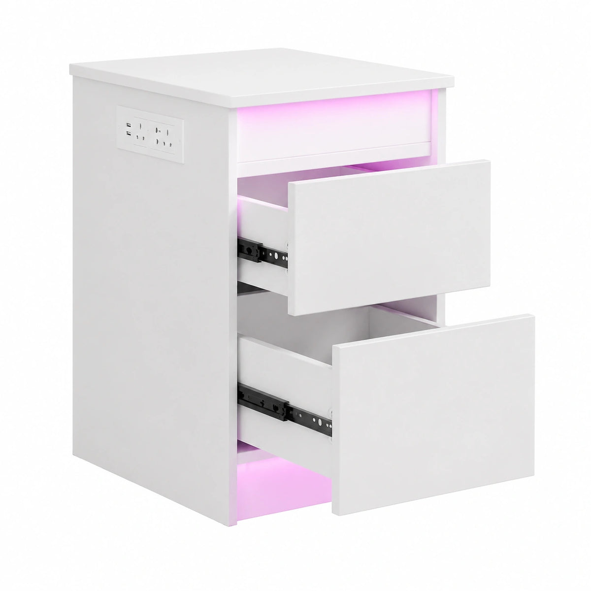 Letto moderni con Presa Elettrica, Comodino a Coperchio Ribaltabile e 2 Cassetti Laccati, 2 AC 2 USB LED RGB e Telecomando, per Soggiorno, Bianco