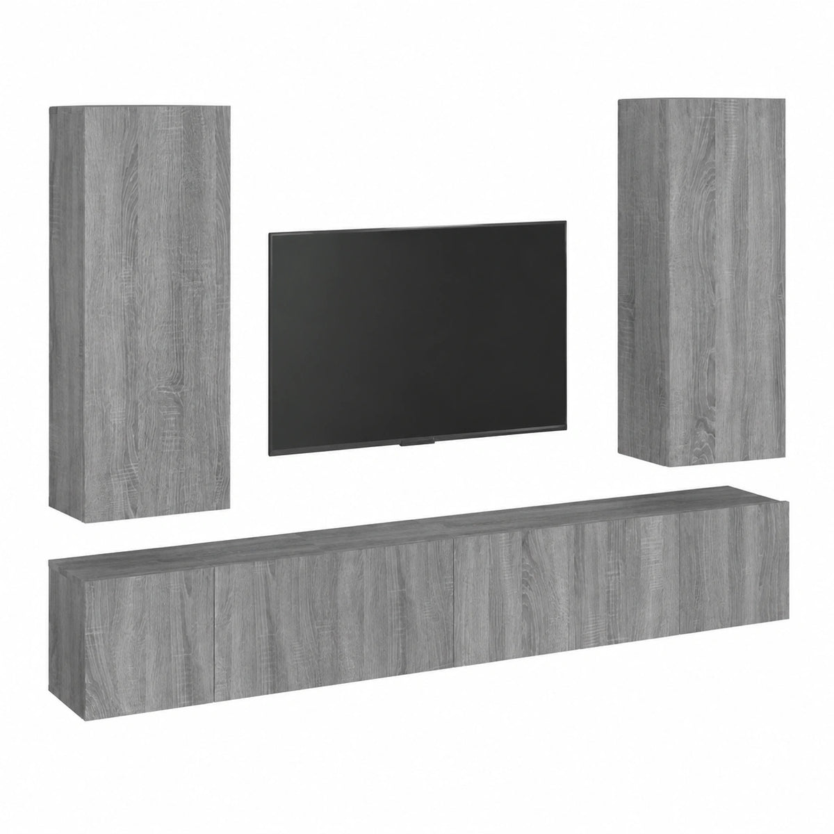 Set di mobili per soggiorno, centro di intrattenimento, 5 pezzi, colore grigio, materiale in legno Sonoma