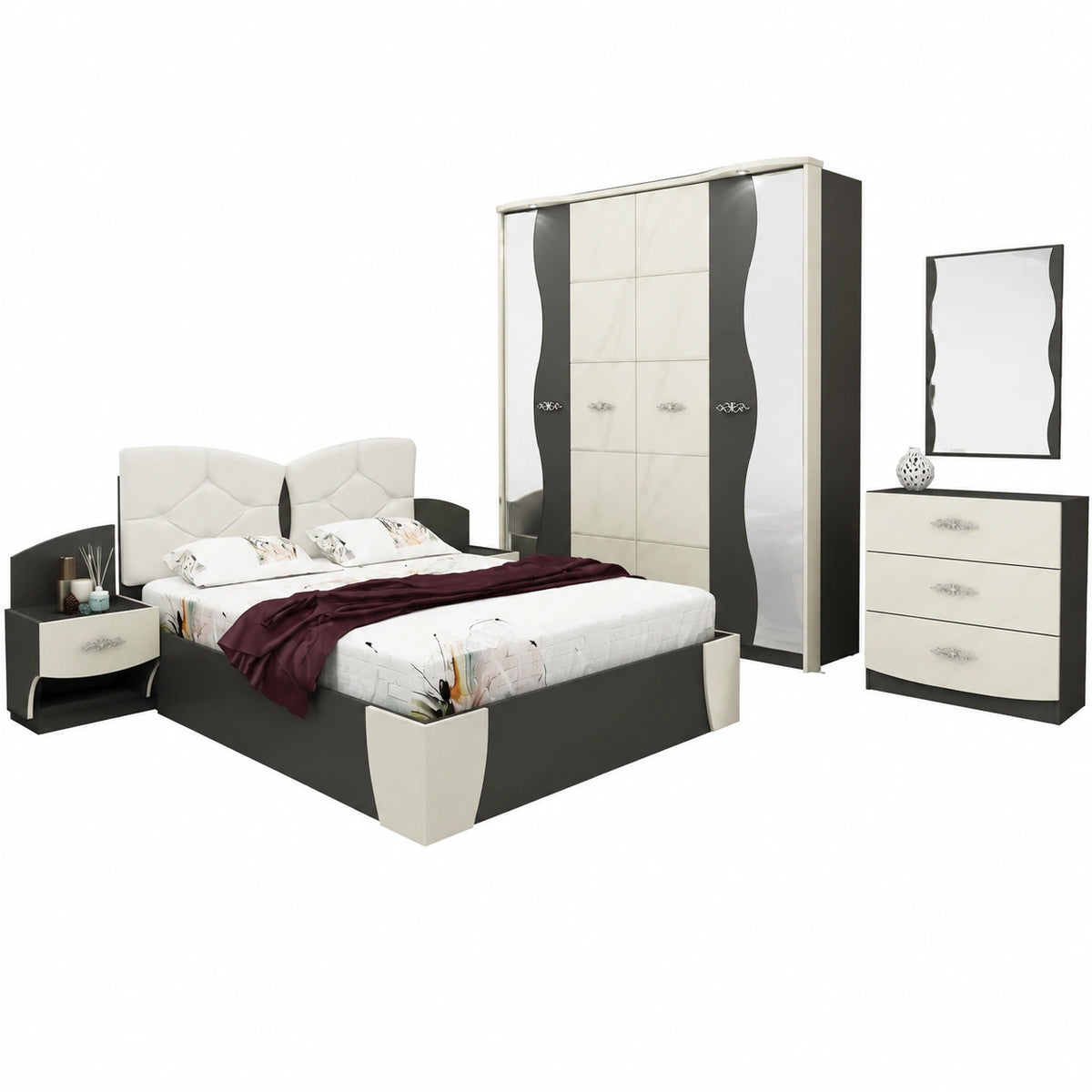 Letto Matrimoniale Marmo Bianco e Grafite Stanza da Letto Moderna con Armadio 4 Ante Specchio 2 Comodini Letto Comò con 3 Cassetti CDLU27