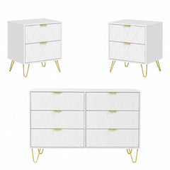 Letto Bianchi, Cassettiera con 6 Cassetti e set di 2 Comodini, Motivo a Linee, Maniglie e Piedini Oro, Scandinavo per Soggiorno