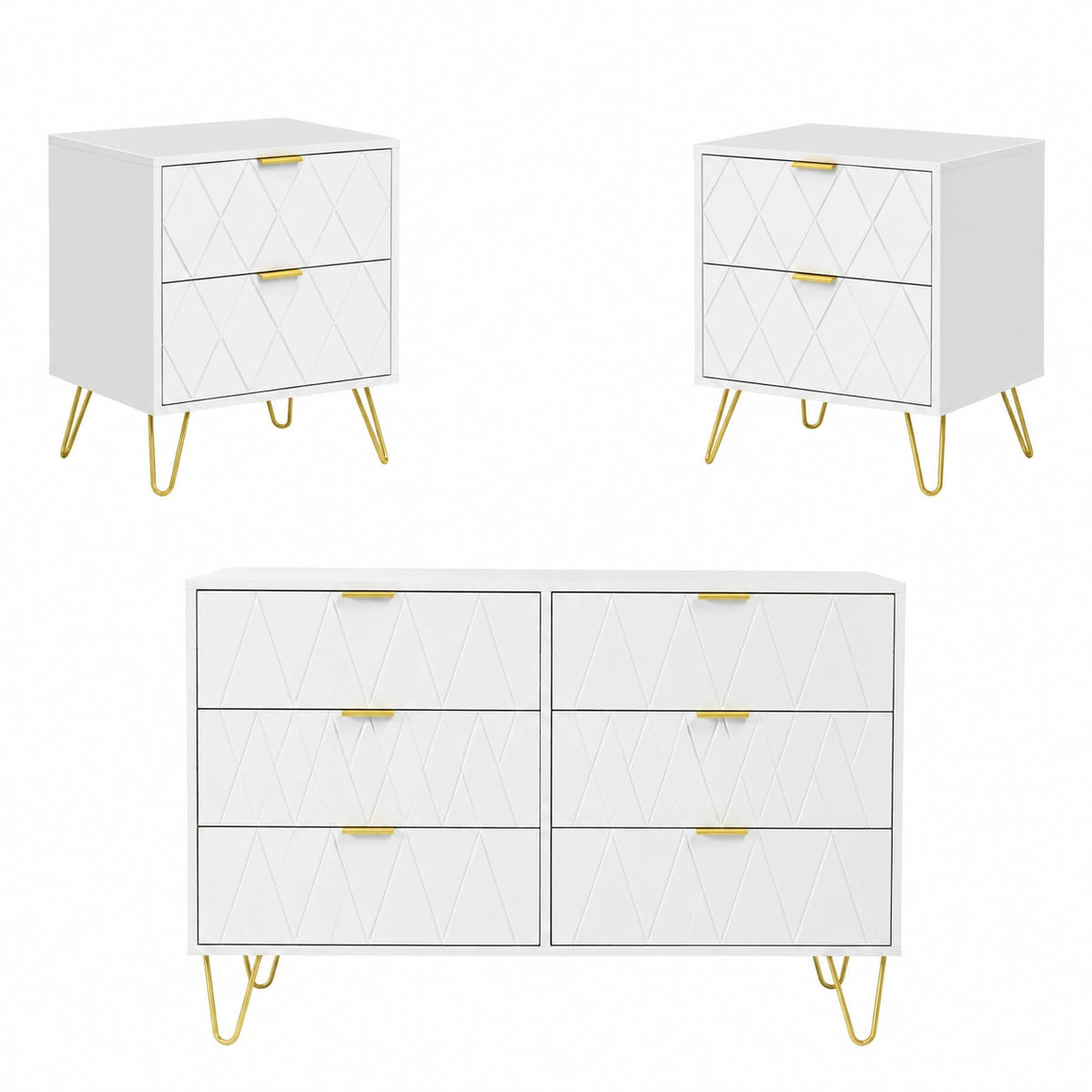 Letto Bianchi, Cassettiera con 6 Cassetti e set di 2 Comodini, Motivo a Linee, Maniglie e Piedini Oro, Scandinavo per Soggiorno
