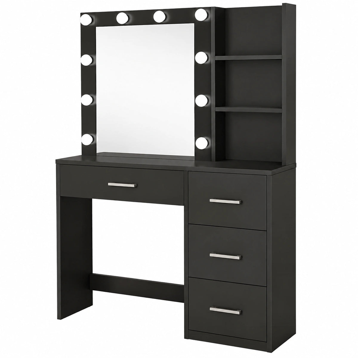 Specchio Luminoso LED Regolabile, 4 Cassetti Capienti, Ripiani Laterali e Moderno, Toeletta da Trucco Salvaspazio per Casa e Camera da Letto (Nero)