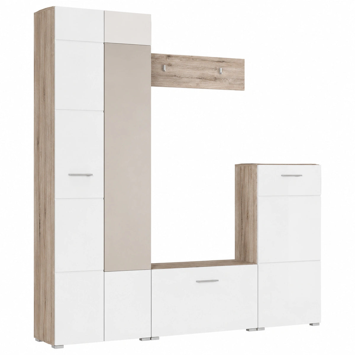 Tiriolo - guardaroba completo in legno laminato nel colore bianco lucido e quercis sabbia, composto da armadio, panca, comó e mensola. Dimensioni