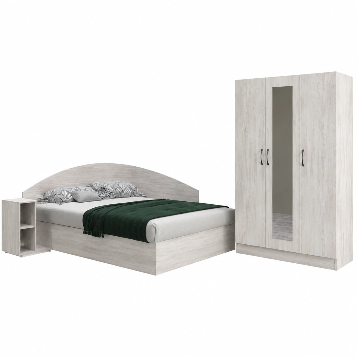 Letto ad Angolo Contenitore 120 × 190 cm, Comodino a Giorno e Armadio con 3 Ante Battenti, Arredamento per Cameretta Bianco Legno CBG9 (Solo camera)