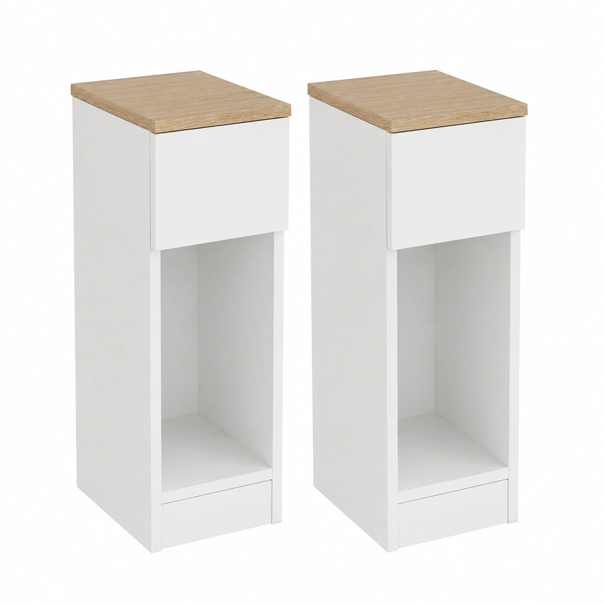 Set da 2 comodini stretti 20 cm con cassetto, 20 × 35 × 60 cm, Comodini salvaspazio per piccoli spazi, tavolini da letto e soggiorno, Bianco