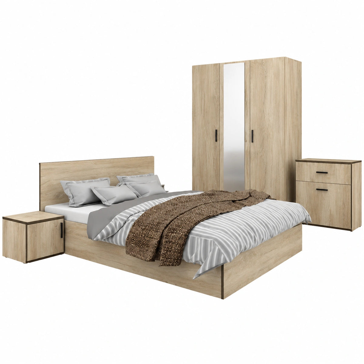 Letto Matrimoniale Completa di Armadio a 3 Ante con Specchio Letto Due Piazze Comò e 2 Comodini set Arredo Stile Moderno e Semplice Rovere Naturale
