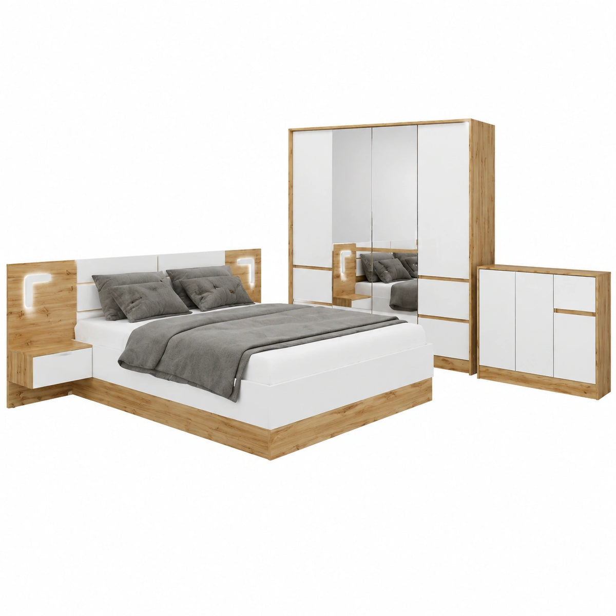 Letto Completa Stile Rustico e Moderno con Armadio ad Ante Battenti e Specchio Letto Matrimoniale con Comodini e Luci LED set Arredo Bianco e Rovere