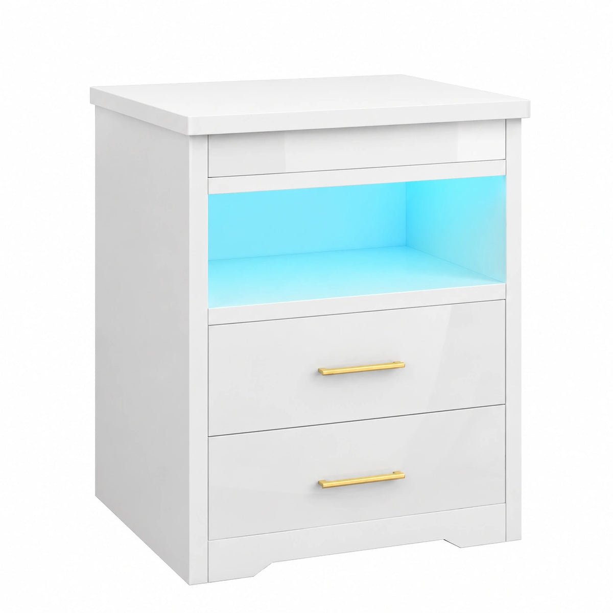 Letto con Stazione di Ricarica e LED Comodino Bianco lucido in Legno con 3 Cassetti e Armadietti Scorrevoli Nascosti, 16 Colori Regolabile