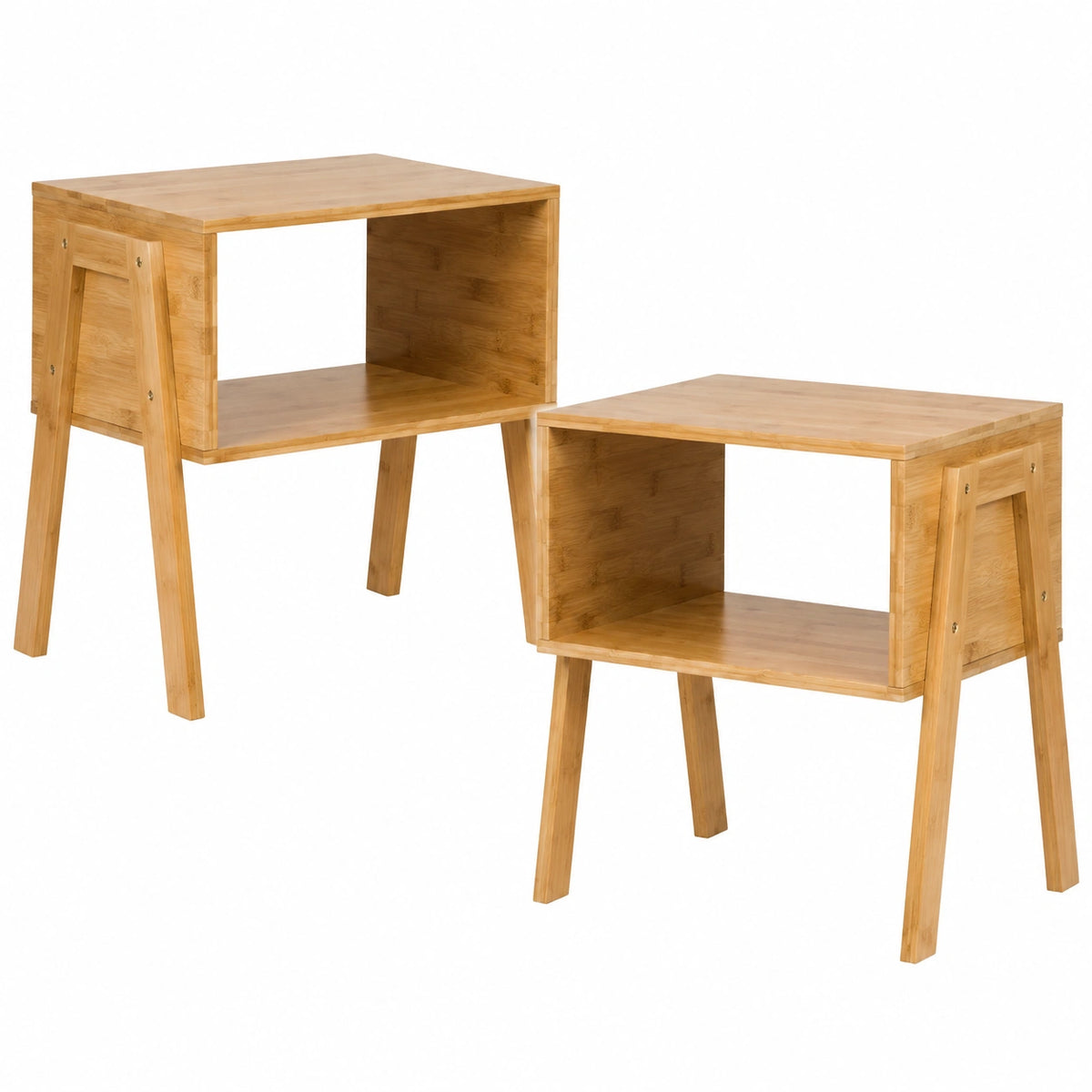 Set di 2 Comodini in Legno Massiccio di Bambù, Comò Impilabile, Tavolino Basso Laterale, Aperto, Moderno